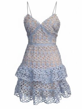 LULUS “Beauty and Lace”Crochet Lace Cocktail Mini Dress Light Blue & Nude SZ XS
